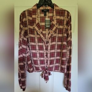 Cropped long sleeve tie front button down shirt